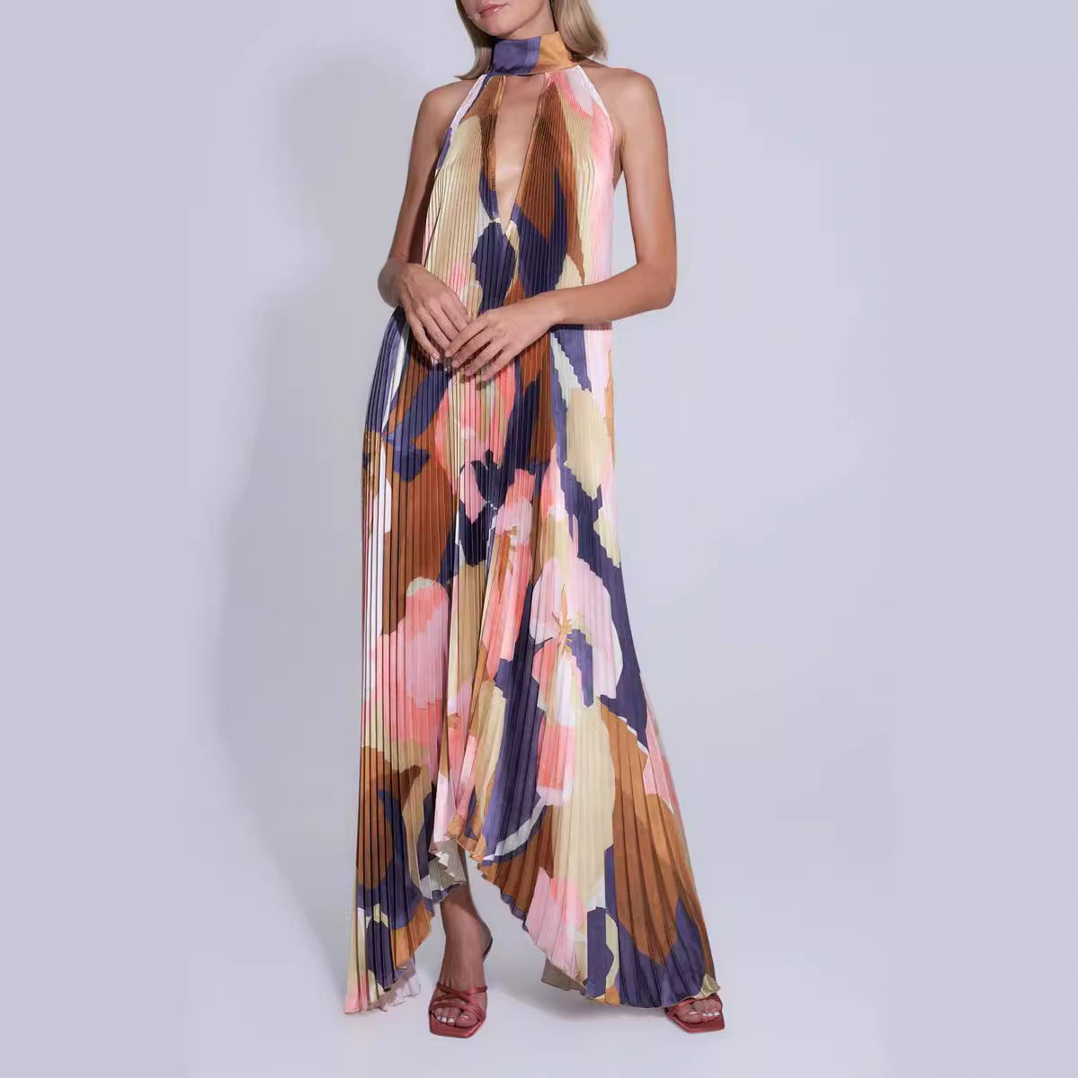 Robe Longue Plissée à Col Halter | Élégante & Fluide | Mode Statement