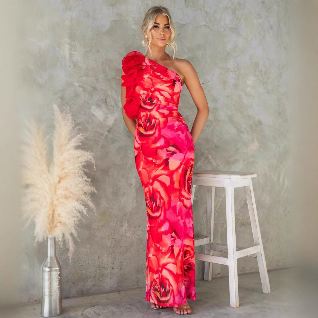 Robe Longue Asymétrique Fleurie à Volant | Vibrante | Élégance Inoubliable