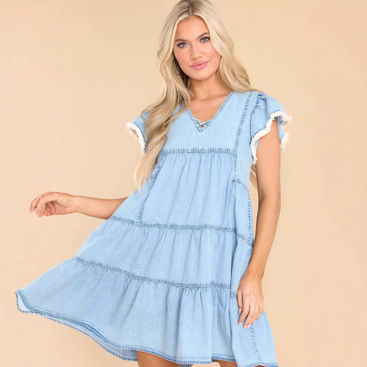 Robe Courte en Jean Volantée | Manches à Volants | Silhouette Légère et Décontractée