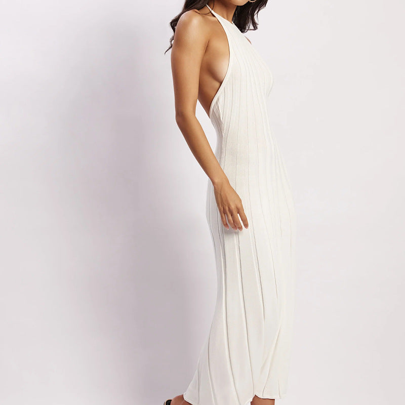 Robe Midi en Maille à Col Halter | Mélange de Coton Côtelé | Moderne et Sophistiquée