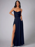 Robe de Soirée en Satin | Décolleté Drapé | Élégance avec Fente Haute