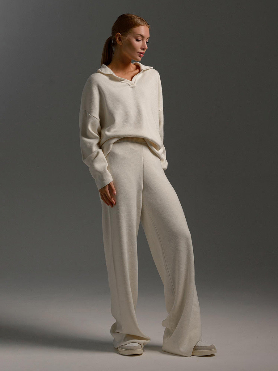 Ensemble Tricoté Lounge | Détente Élégante | Haut Col Polo & Pantalon Ample