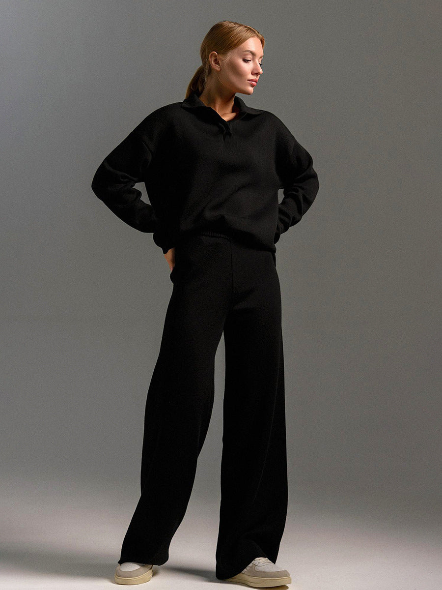 Ensemble Tricoté Lounge | Détente Élégante | Haut Col Polo & Pantalon Ample