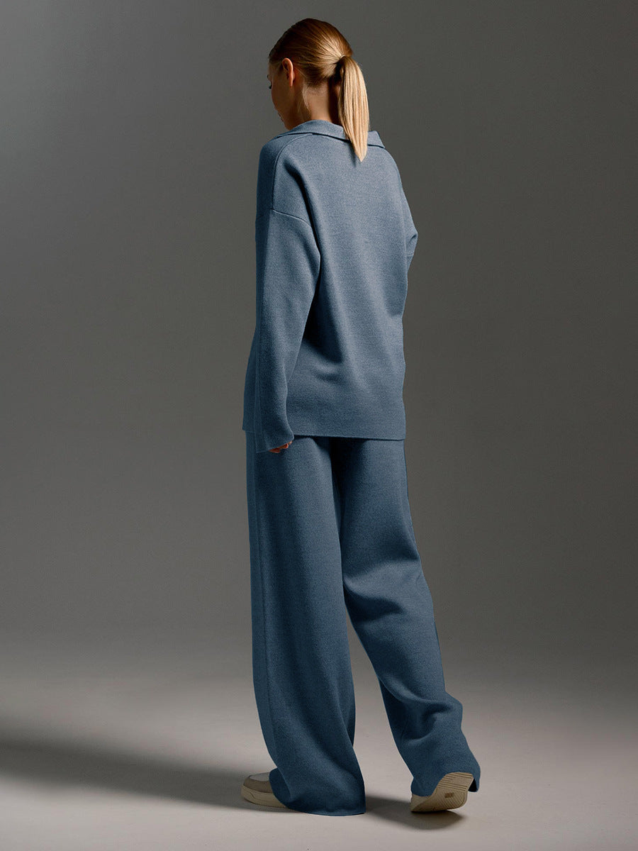 Ensemble Tricoté Lounge | Détente Élégante | Haut Col Polo & Pantalon Ample