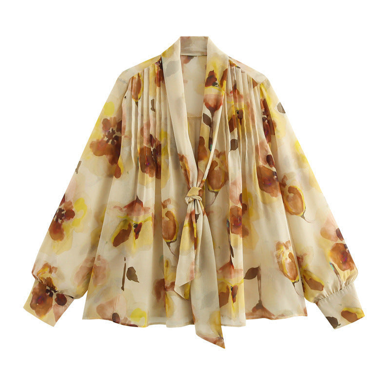 Blouse en mousseline fleurie avec nœud | Multicolore | Élégance florale et légère
