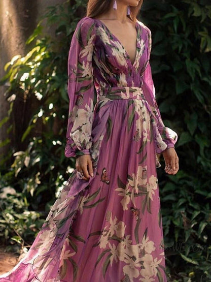 Robe Longue Fleurie | Lilas | Silhouette Romantique et Fluide