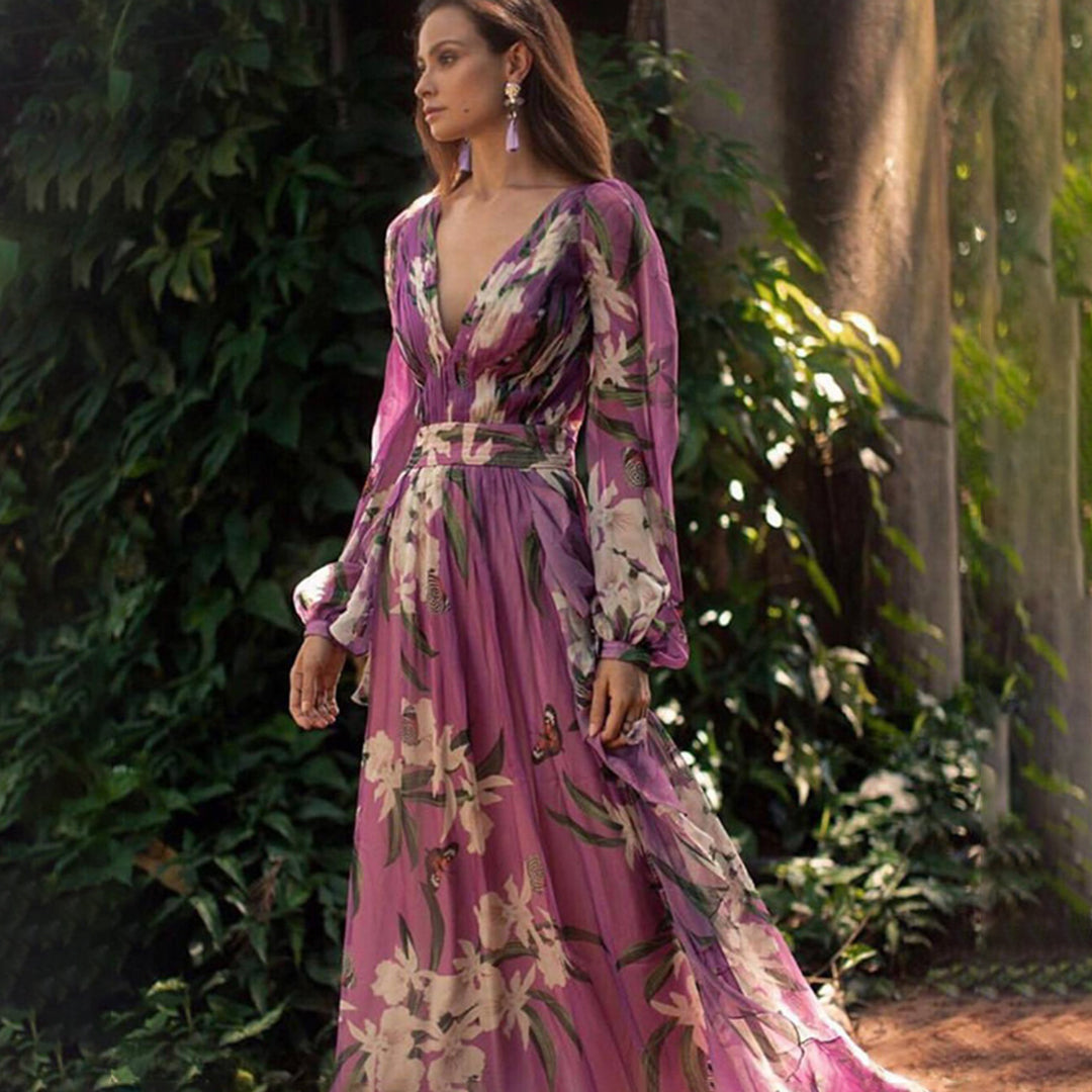 Robe Longue Fleurie | Lilas | Silhouette Romantique et Fluide