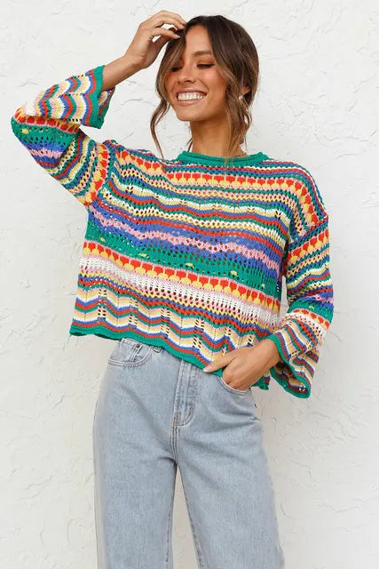 Pull en Maille Coloré | Base Verte | Bohème et Plein de Peps