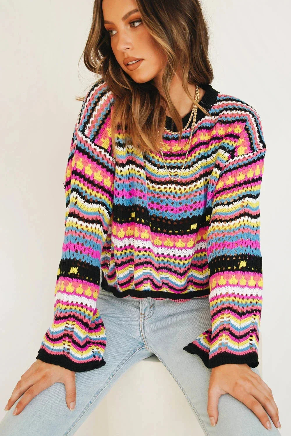 Pull en Maille Coloré | Base Verte | Bohème et Plein de Peps