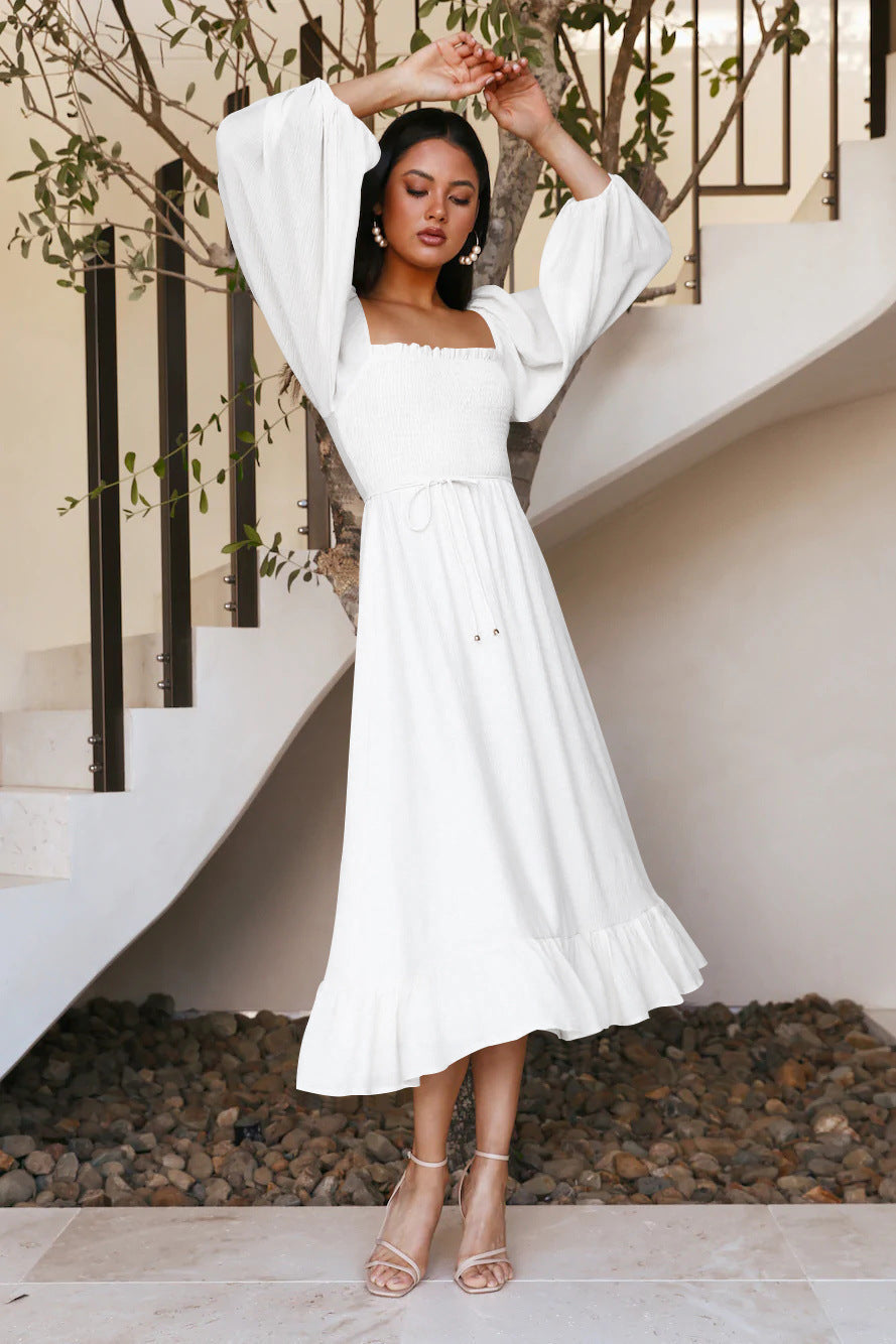 Robe Midi à Encolure Carrée Smockée | Coupe Fluide | Manches Bouffantes Romantiques