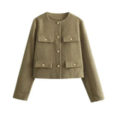 Veste courte structurée | Tissu texturé | Boutons dorés | Esprit tailleur