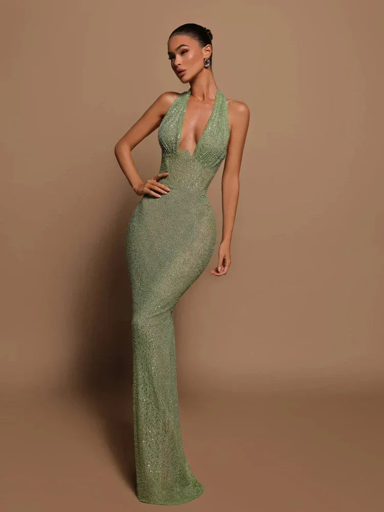 Robe de Soirée Halter à Paillettes | Élégante & Glamour | Coupe Moulante