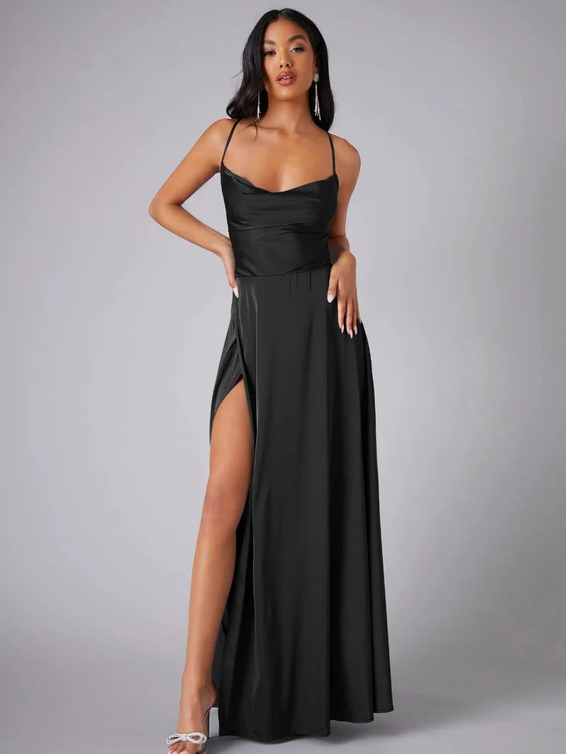Robe de Soirée en Satin | Décolleté Drapé | Élégance avec Fente Haute