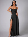 Robe de Soirée en Satin | Décolleté Drapé | Élégance avec Fente Haute