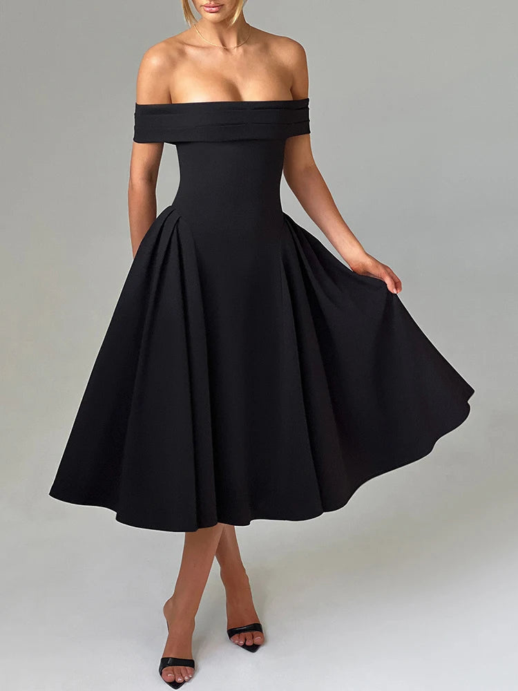 Robe Midi Épaules Dénudées | Noir & Blanc | Chic et Intemporelle