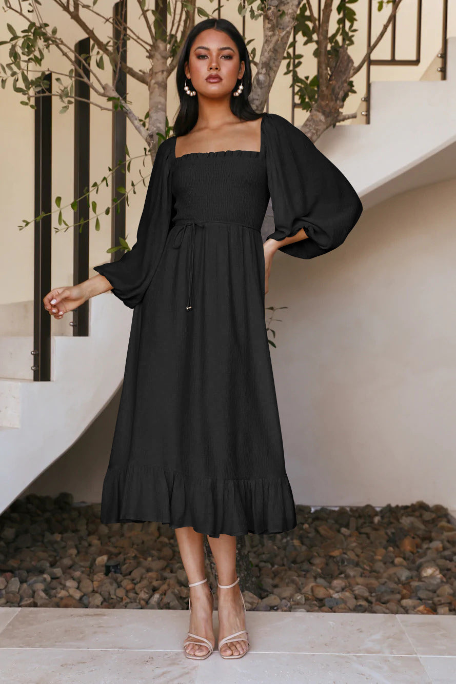 Robe Midi à Encolure Carrée Smockée | Coupe Fluide | Manches Bouffantes Romantiques