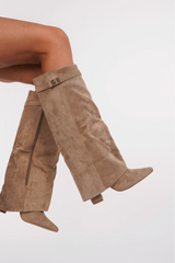 Bottes Hautes en Suédine avec Revers | Élégance Khaki | Style Structuré