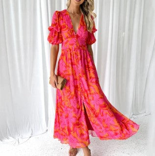 Robe Longue Fleurie | Manches Bouffantes | Légère et Fluide