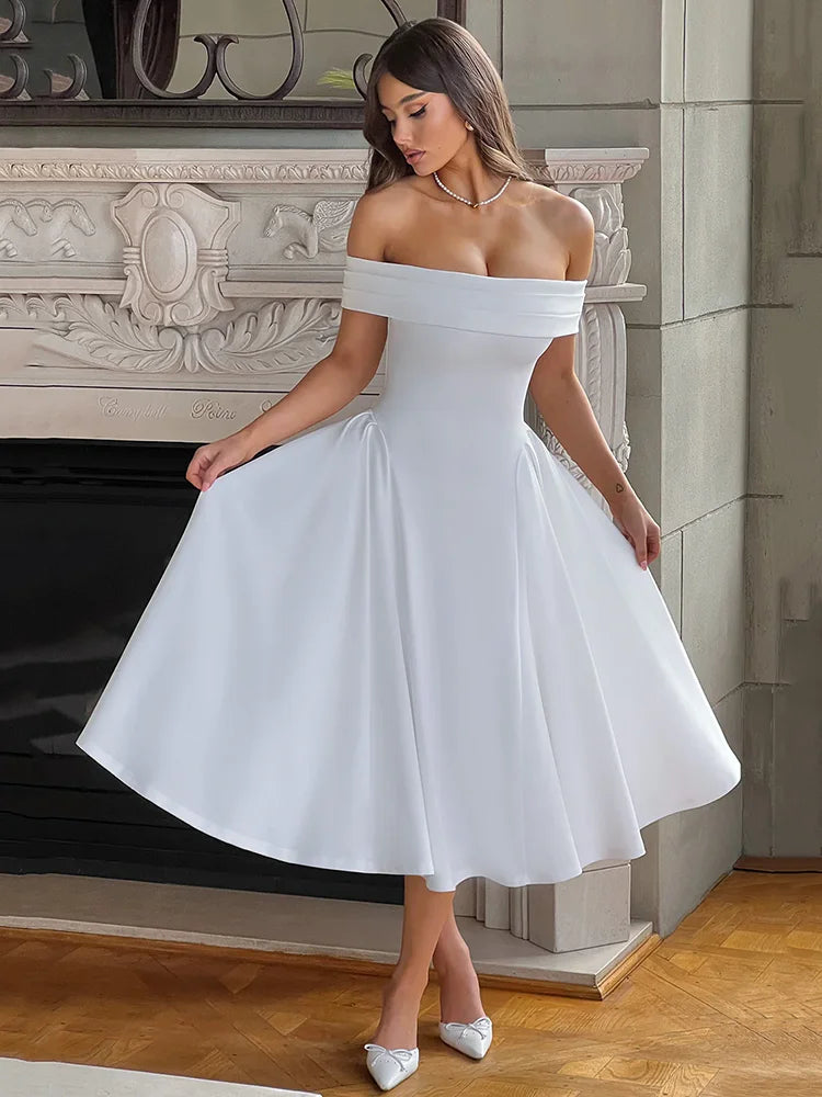 Robe Midi Épaules Dénudées | Noir & Blanc | Chic et Intemporelle