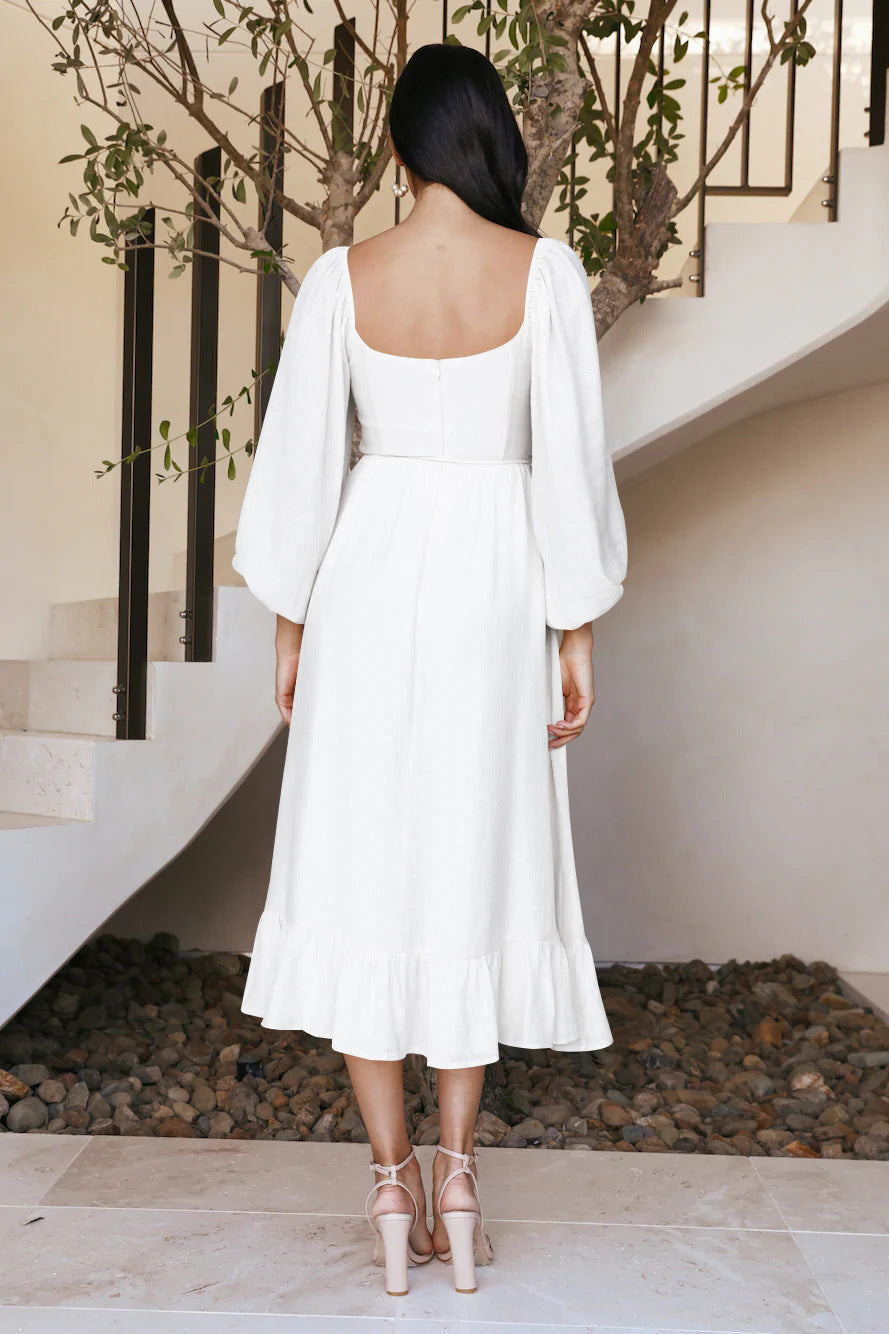Robe Midi à Encolure Carrée Smockée | Coupe Fluide | Manches Bouffantes Romantiques