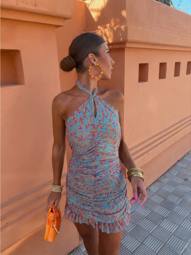 Robe Mini Froncée à Col Halter | Tissu Stretch | Audacieuse et Glamour