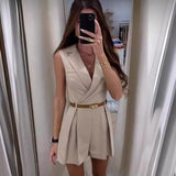 Combinaison Tailleur Sans Manches | Taille Cintrée | Col Revers Croisé | Silhouette Structurée