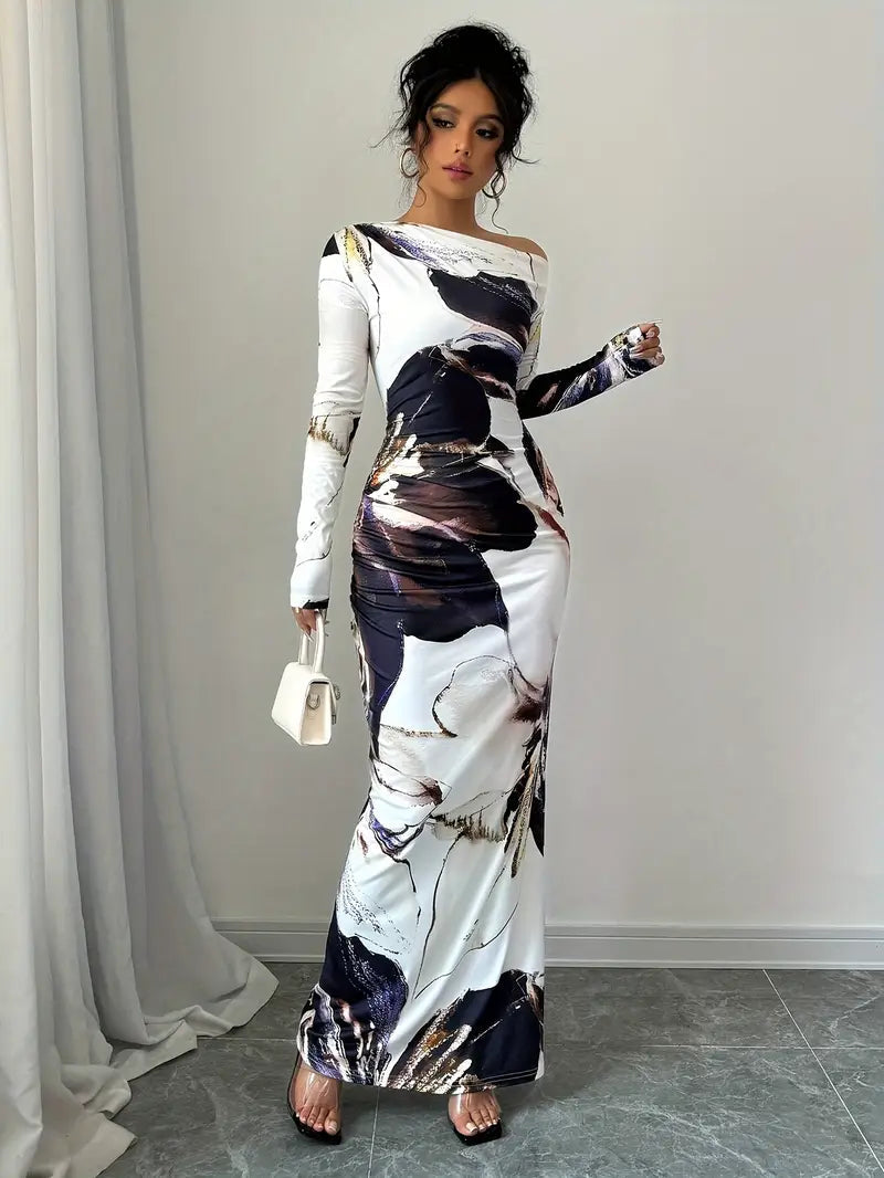 Robe Longue Épaules Dénudées | Coupe Étroite | Imprimé Artistique