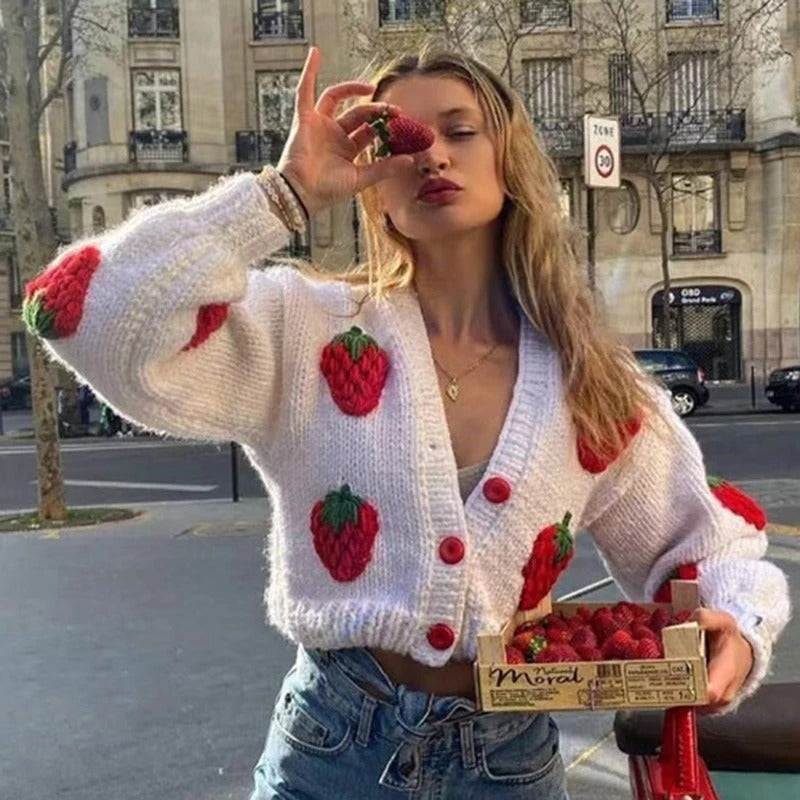 Gilet Tricoté Fraises | Doux | Mignon & Confortable