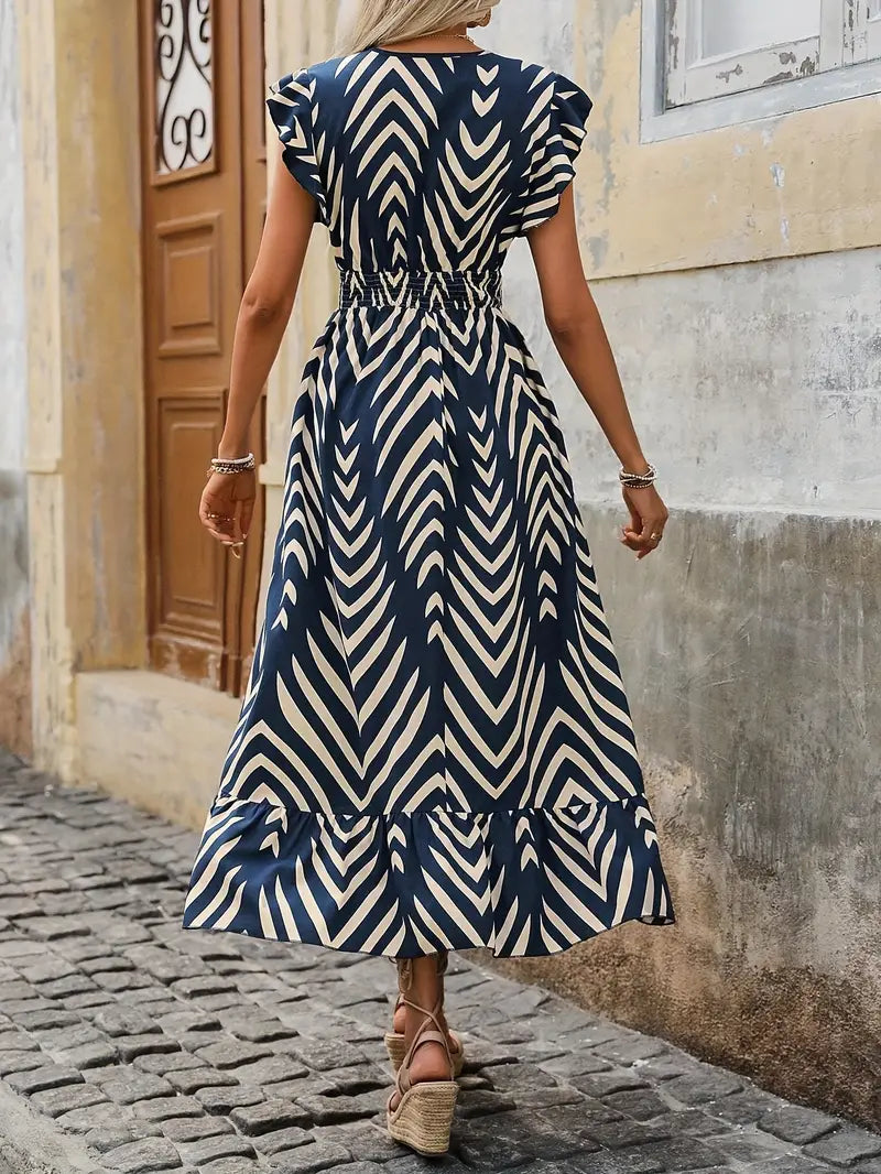 Robe Midi à Imprimé Chevron | Élégance Graphique | Fluidité Décontractée