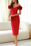 Robe Midi Épaules Dénudées avec Manches Roses | Élégante | Féminine et Chic