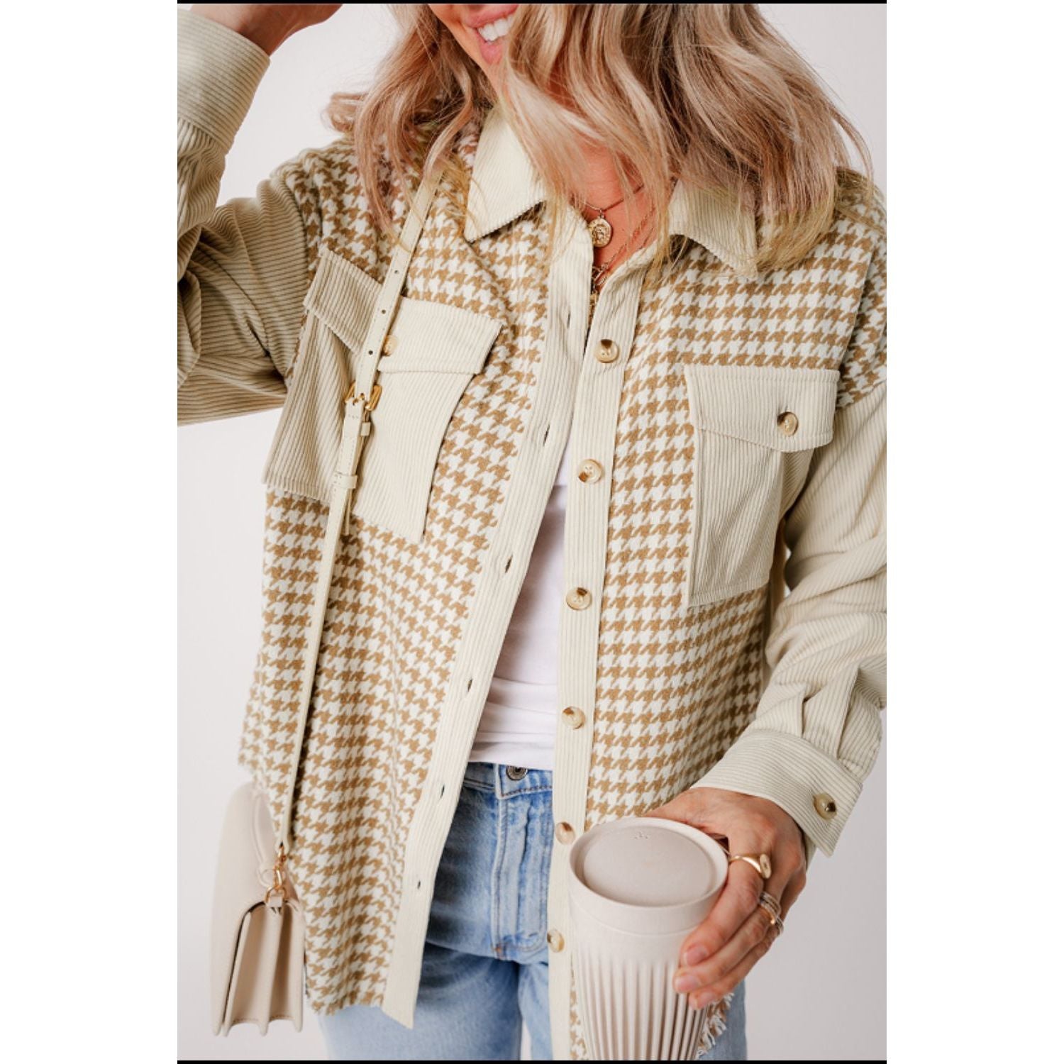 Surchemise en Velours à Motif Pied-de-Poule | Coupe Oversize | Décontractée et Tendance