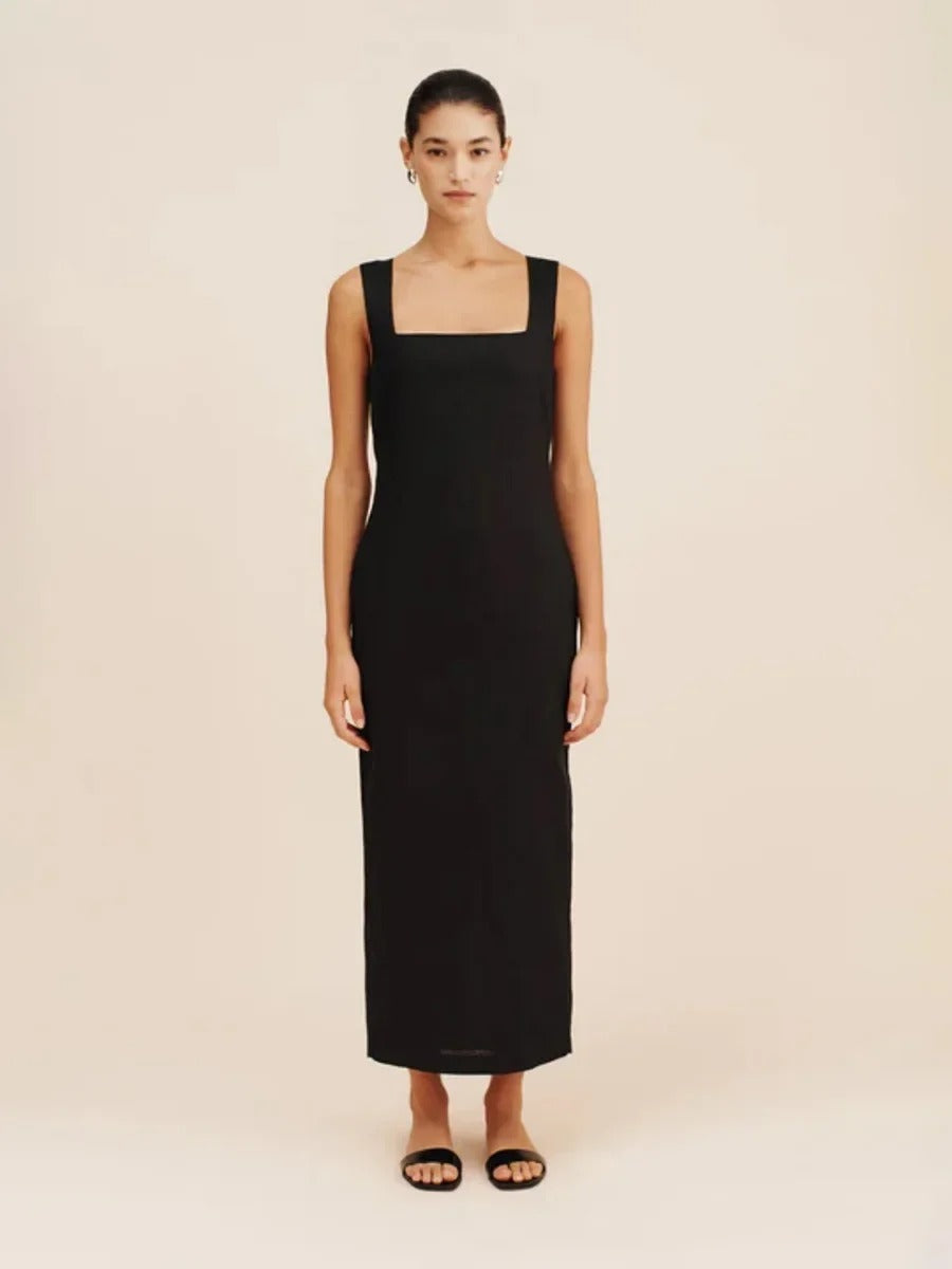 Robe Longue Évasée | Lin mélangé | Encolure carrée | Silhouette structurée