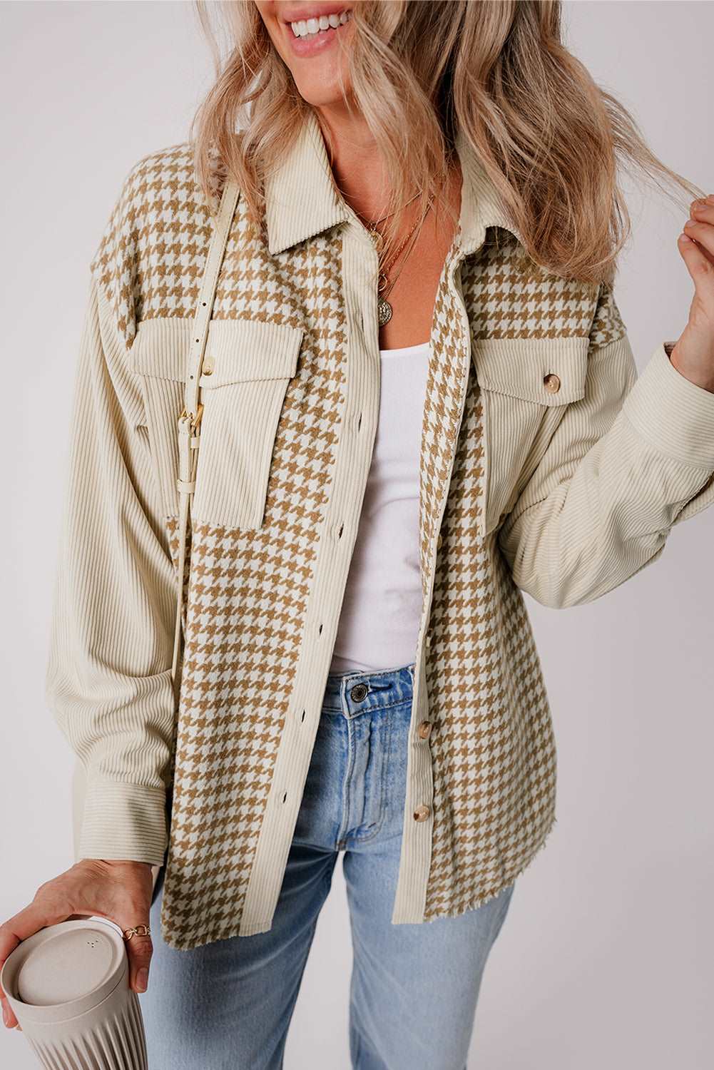 Surchemise en Velours à Motif Pied-de-Poule | Coupe Oversize | Décontractée et Tendance