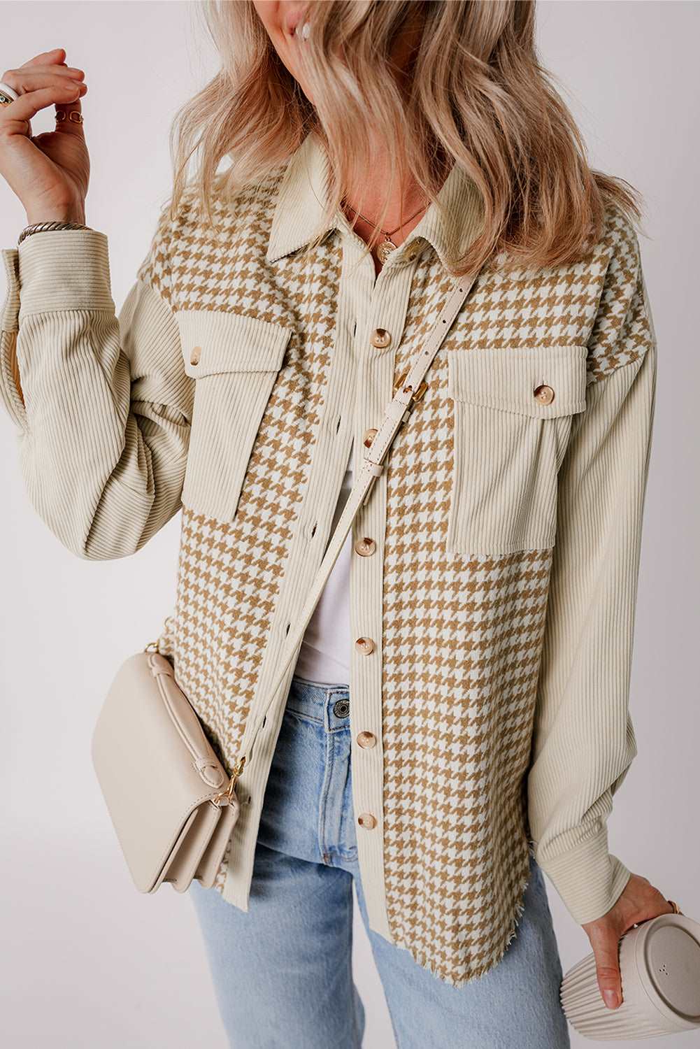 Surchemise en Velours à Motif Pied-de-Poule | Coupe Oversize | Décontractée et Tendance