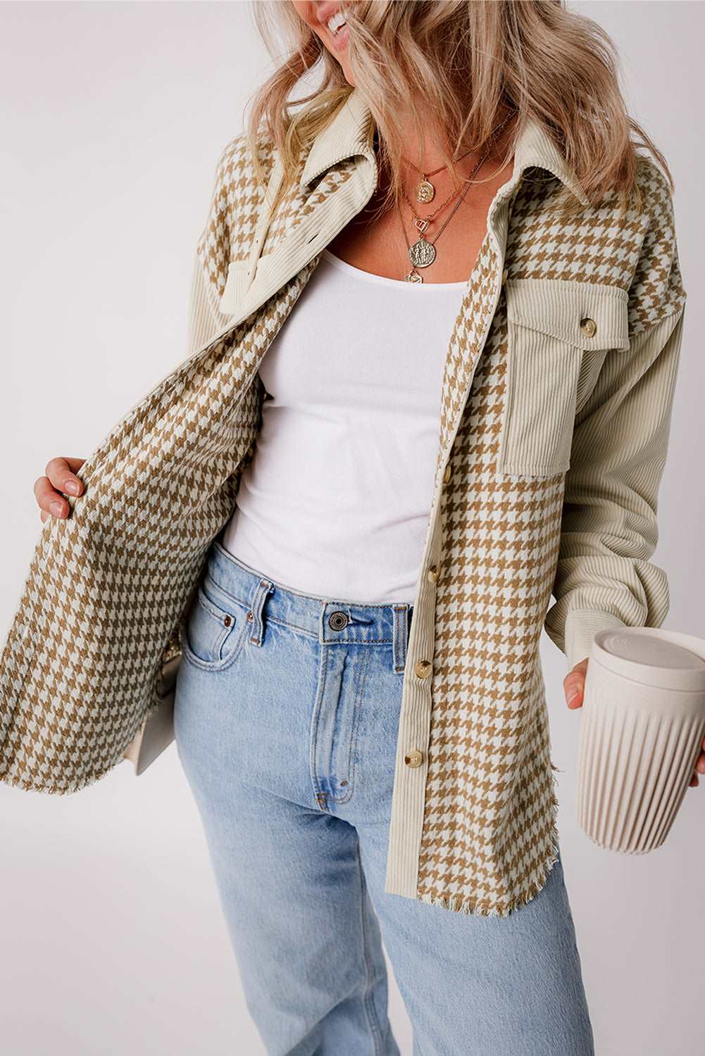 Surchemise en Velours à Motif Pied-de-Poule | Coupe Oversize | Décontractée et Tendance