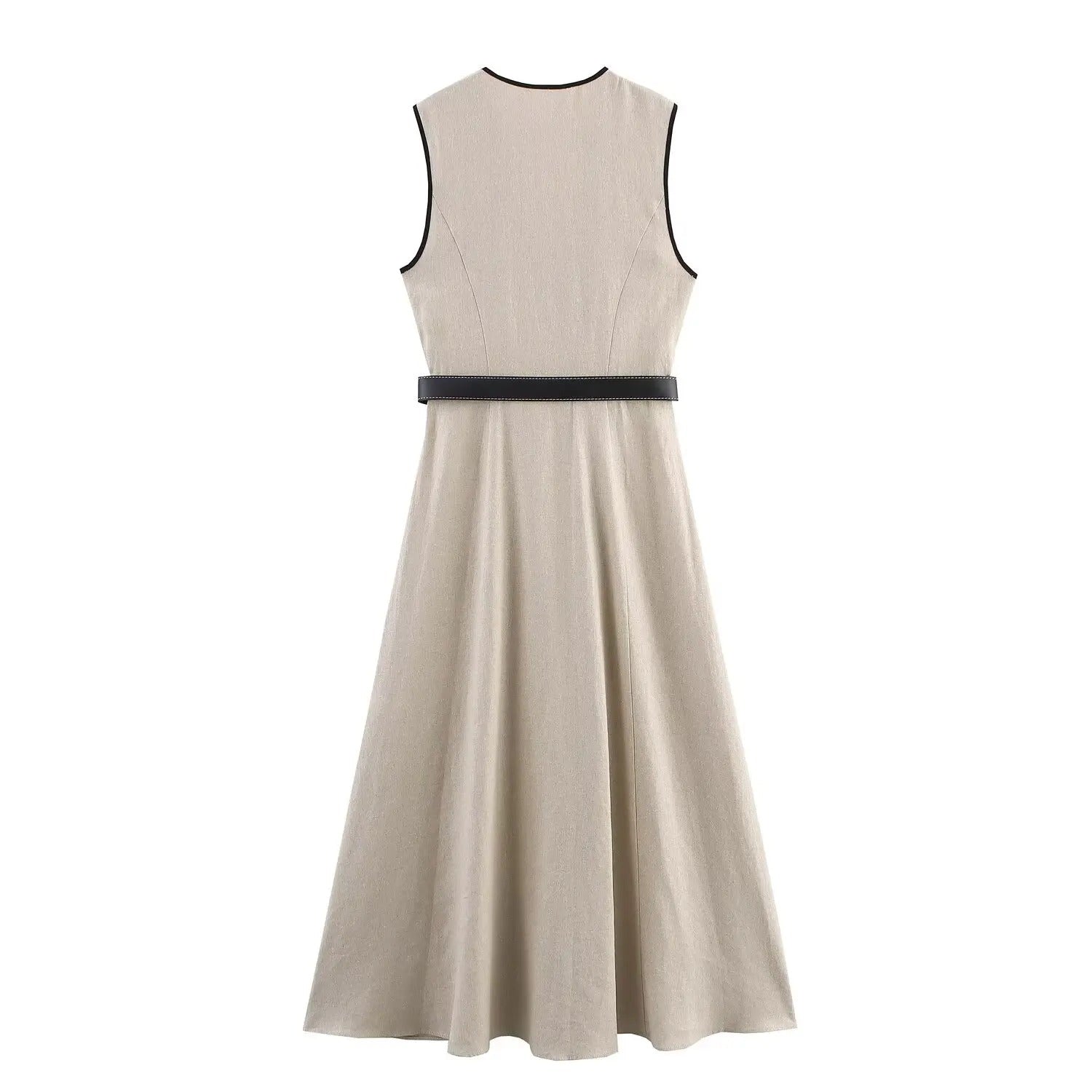 Robe sans manches ceinturée | Décolleté croisé | Détail contrasté | Coupe évasée