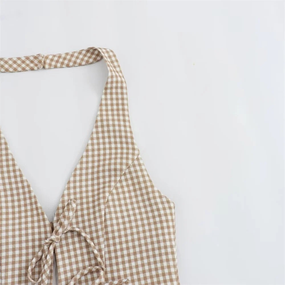 Robe courte vichy | Col américain noué | Détails à nouer | Style rétro estival