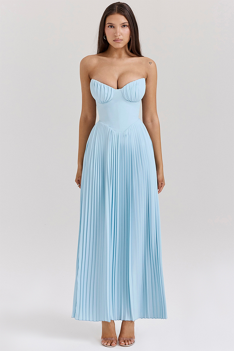 Robe bustier plissée longue | Bleu ciel | Élégance aérienne pour mariages & soirées d'été