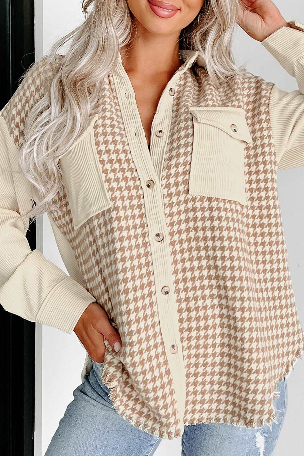 Surchemise en Velours à Motif Pied-de-Poule | Coupe Oversize | Décontractée et Tendance