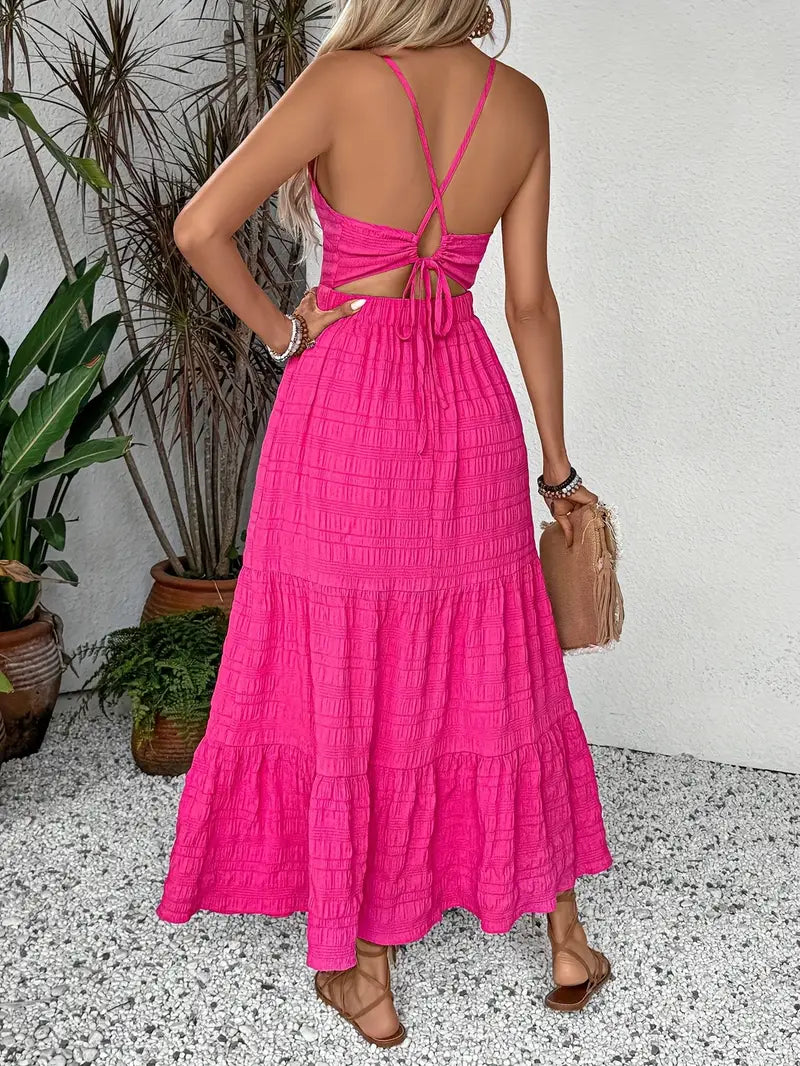 Robe Midi à Col Halter Smockée | Rose Intense | Légère & Fluide