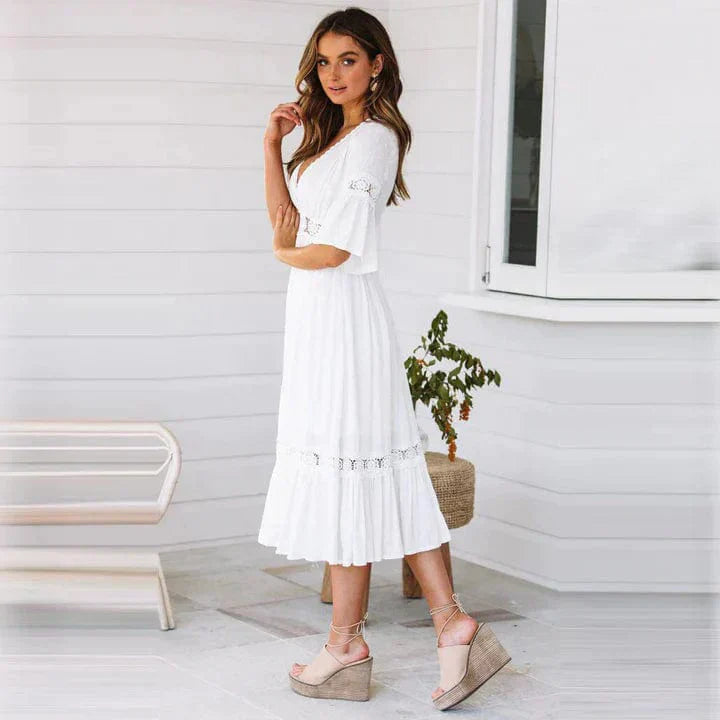 Robe Midi à Dentelle | Blanche | Élégance Estivale