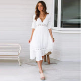 Robe Midi à Dentelle | Blanche | Élégance Estivale