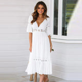 Robe Midi à Dentelle | Blanche | Élégance Estivale
