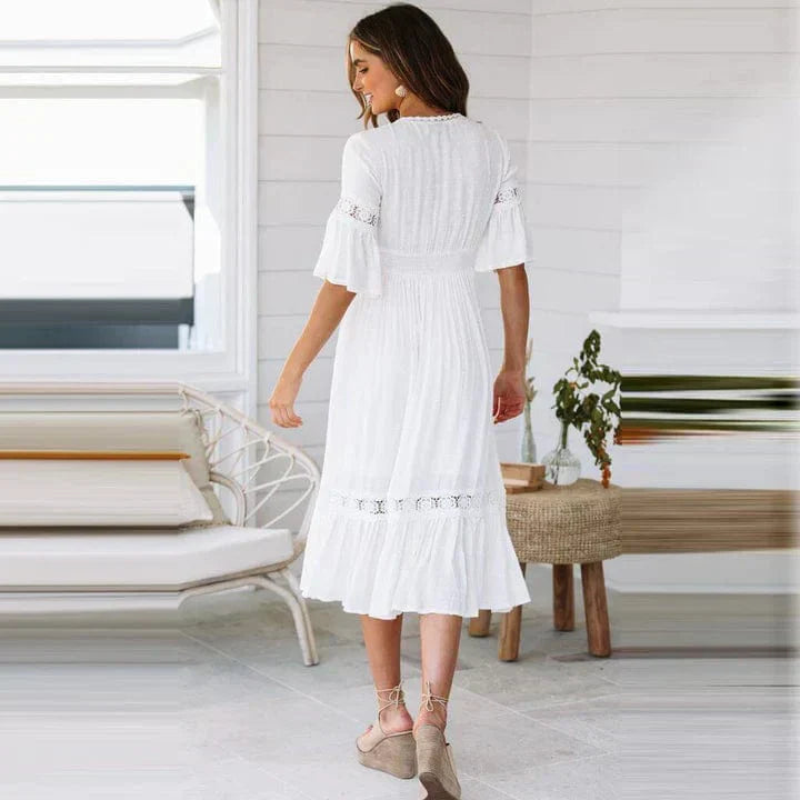 Robe Midi à Dentelle | Blanche | Élégance Estivale