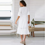 Robe Midi à Dentelle | Blanche | Élégance Estivale
