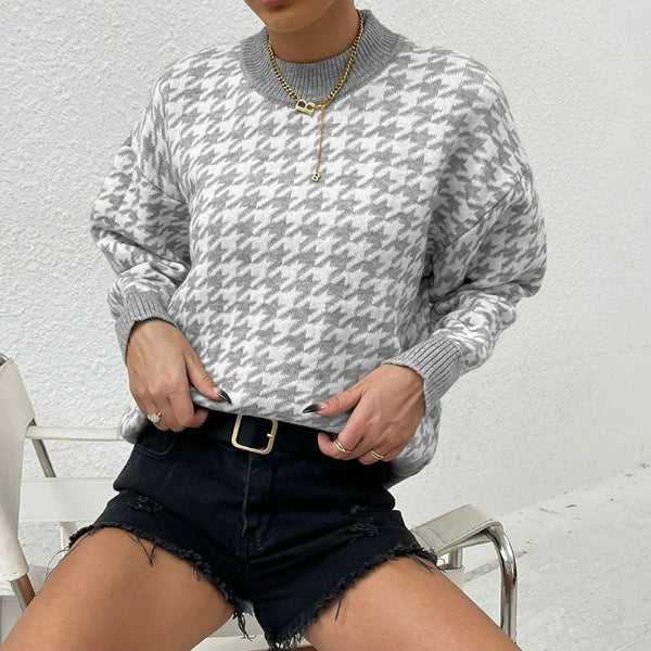 Pull en maille pied-de-poule | Col rond | Coupe ajustée | Esprit graphique
