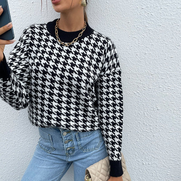 Pull en maille pied-de-poule | Col rond | Coupe ajustée | Esprit graphique