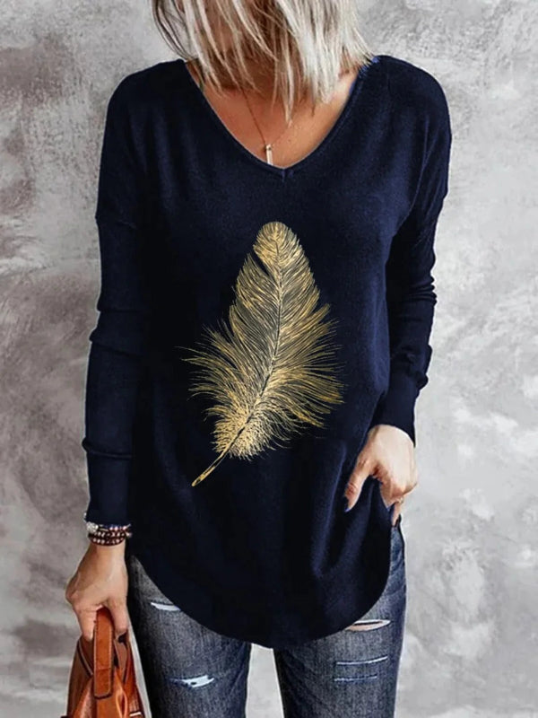 Pull col V long | Maille douce | Motif plume dorée | Coupe décontractée