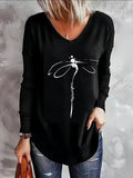 Pull col V long | Maille douce | Motif plume dorée | Coupe décontractée