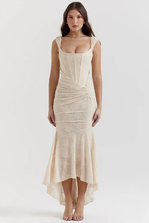 Robe Corset Drapée | Élégance Sculptée | Dentelle Florale Luxueuse
